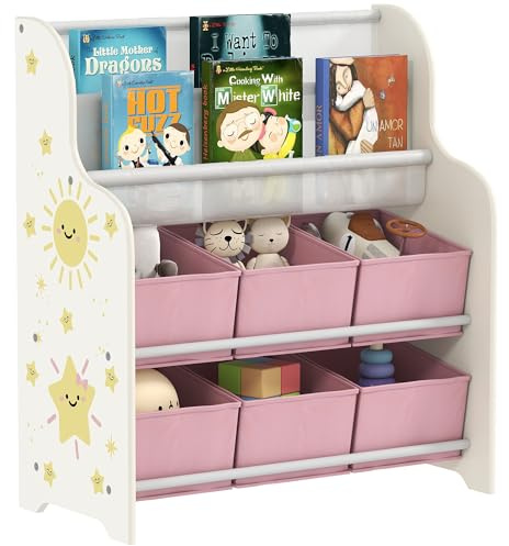AIYAPLAY Mobiletto Portagiochi 3+ Anni con 6 Cassetti in Tessuto e Libreria a 2 Livelli, Scaffale Contenitore in MDF e Acciaio, 63x30x71 cm, Rosa
