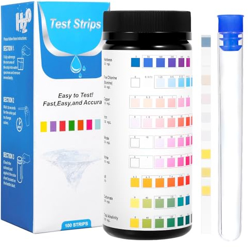 Zorplex 100 Bandelettes de Test Aquarium 9 en 1, Kit d’Analyse de l’Eau pour Aquarium, Mesure du pH, Dureté, Chlore, Nitrites, Nitrates, Fer et Plus, Accessoire pour Aquariums et Bassins