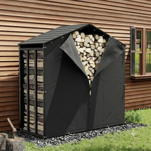 UDPATIO Metall vedhylla antracit 185 x 70 x 190 cm/2,1 m³ med metalltak – väderbeständig, med UV-resistent presenning, stapelstöd, vedlager, trälager för trädgård och terrass