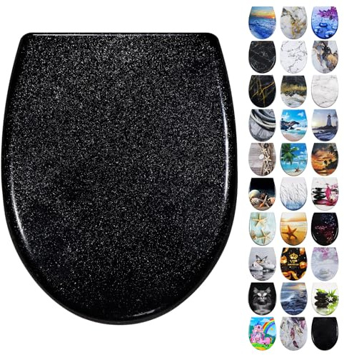 Fanmitrk WC Sitz mit Absenkautomatik, Toilettendeckel Schwarz, Klodeckel aus Duroplast, Toilettensitz mit Quick Release Funktion, Klobrille Montage von oben