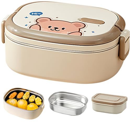 Ferricult Fiambrera Térmica Fiambrera de Comida Caliente de Acero Inoxidable de 850 Ml para Niños Recipiente Térmico de Comida con Patrón de Oso a Prueba de Fugas con Plato para, Día de Pascua