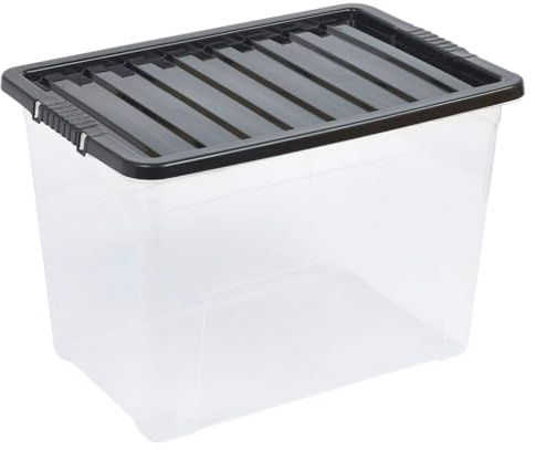 OptiProducts 1 X 80L Large Plastic Storage Box with Black Lid – Heavy Duty Stackable Container, Multipurpose Storage Box for Home, Office, Garage & Clothes Organisation