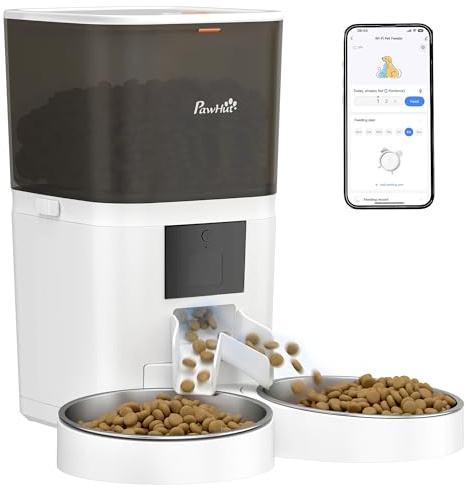PawHut Distributore Automatico Cibo Gatti 6L WiFi 2.4G, Dispenser Crocchette Gatto App Controllo con Timer, 1-10 Pasti al Giorno, Registratore 10s, 2 Ciotole in Acciaio Inox, per Cani Media e Piccolo