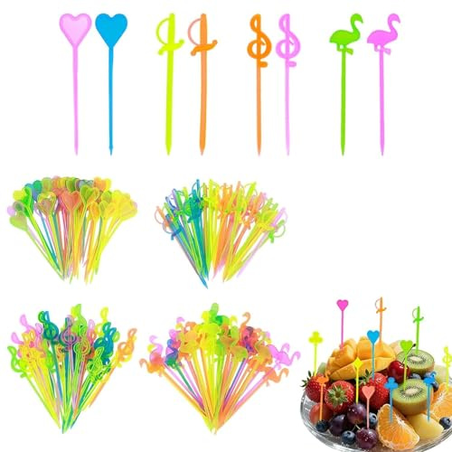 200 Brochetas de Fruta Reutilizables Plásticas Sin BPA, Tenedores Mini Infantiles con Diseño Corazón Nota Musical Flamenco Espada, Pinchos Aperitivo Coctel para Fiestas Barbacoa Reuniones Familiares