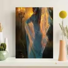 BMGKYAGL 1 st inramad canvasmålning i trä – elegant ballerina-liknande dansare i traditionell klädsel, varm ljusbakgrund – rustikt läge (40 x 60 cm/ramlös)