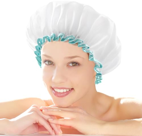 mikimini Weiße Duschhaube für Langes Haar, Wasserdichte Duschhaube Damen und Mädchen, Große doppelschichtige Badehaube für dickes Haar, 2 Stück