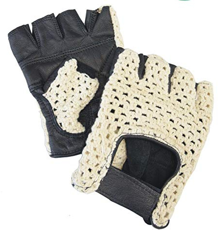 AMAS The Best GUANTI DA GUIDA MEZZE DITA EPOCA HALF FINGER IN PELLE + RETE AUTO BICI VINTAGE CAFE' RACER (NERO rete avorio, 2XL)