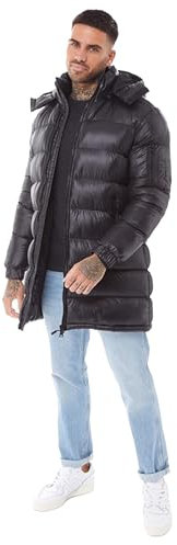 BRAVE SOUL Mens Black Long Puffer Jacket Hooded Zipper Pockets Winter Jackets for Men UK, Size- L