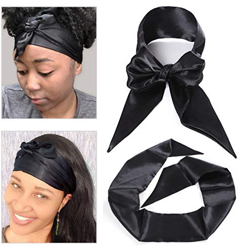 Leeven 2 Pcs Silky Edge Scarves 4.5'x54' Large Wig Grip Band Women's Satin Headband For Lace Front Wigs Non Slip Hair Wrap Black Edge Laying Scarf For Makeup, Facial, Sport, Yoga