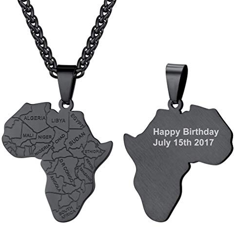 PROSTEEL Herren afrikanische Halskette personalisiert Afrika Landkarte Anhänger mit 55+5cm Weizenkette schwarz Edelstahl Englischen Grenzen Design Hip Hop Modeschmuck für Männer Jungen