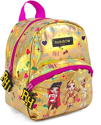 PERLETTI Rainbow High Fahion Rucksack für Klein Mädchen - Kleiner Backpack Gold mit Tasche für Kinder 4 5 6 Jahre - Holografische Kindertasche Kleinkind Kindergarten mit Ruby Poppy Sunny - 21x17x12 cm