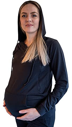 Mamatoto Mamma-huvtröja för amning, mjuk känsla, graviditets- och amningströja med känguruficka, Svart, 40