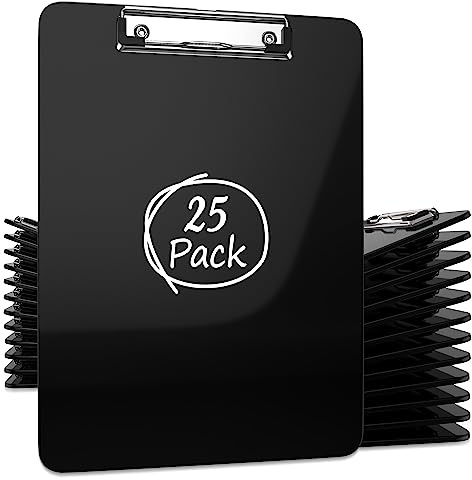 Kiggos 25 Pack Plastic Clipboards Black Clip Boards with Low Profile Metal 12.5 x 9 Inch Letter Size Bulk Class Set Black Acrylic Hanging Hook - Holds 100 Sheets