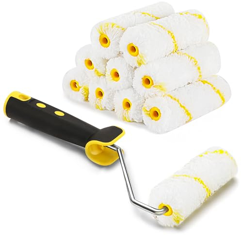 Rouleau de Peinture, 11 Pièce Kit Rouleau à Peinture, 10 Pcs Pinceaux de Peinture Rouleaux（11cm）+ 1 Poignée, Ensemble de Peintre, Rouleau et Recharge Pour le Mur et le Plafond Antigoutte.