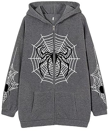 Winter Damen Jacke Bedruckte Sweatshirt-Cardigan für Damen, High Street, lässige Hip-Hop-Jacke mit Metallreißverschluss Damen Mäntel Herbst Elegant (Dark Gray, XXL)