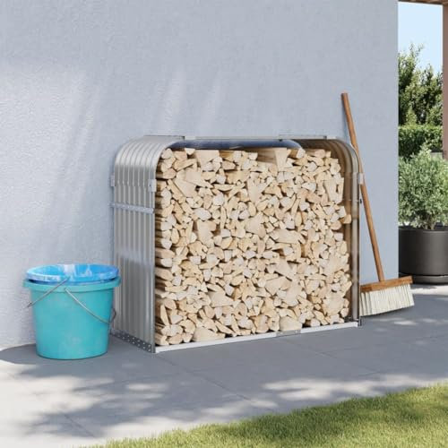 Gecheer Range-bûches extérieur avec couvercle en acier galvanisé, étagère à bois, abri de bûches, abri de bûches de rangement, support pour bois de chauffage, cheminée, extérieur, patio, gris clair,
