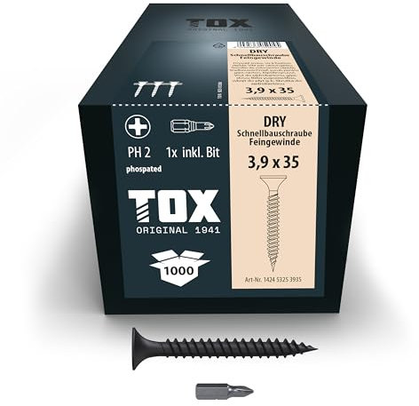 TOX Tornillos para cartón yeso DRY FG 3,9 x 35 mm, magazinados para montaje rápido con destornillador de cargador, cartón yeso sobre subestructura metálica, 1000 piezas en caja, 142453253935