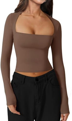 INFITTY Crop Tops for Women Basic Long Sleeve Y2k Tops Scoop Neck Slim Fitted T-Shirts Casual Top Blouse Streetwear Coffee S