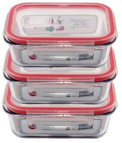 CasaBela - Lot de 3 récipients en verre hermétiques - Passent au micro-ondes, au congélateur et au four (sans couvercle) - Verre/plastique/silicone, 3 x 370 ml (capacité moyenne) (3 x 370 ml)