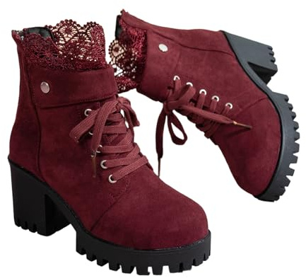LDXEQIZ Botas con Cordones Y Tacón De Bloque For Mujer Botines Góticos con Plataforma Botines Moteros De Ante con Cremallera Zapatos De Tobillo De Talla Grande For Exteriores/Fiestas(Red,37 EU)