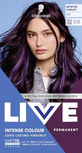 Schwarzkopf LIVE Intense Colour Hair Dye, 087 Mystic Violet | Permanent Violet Hair Dye, HaptiQ Anti-Damage System, Long-Lasting Results, with Colour Refresh Gloss