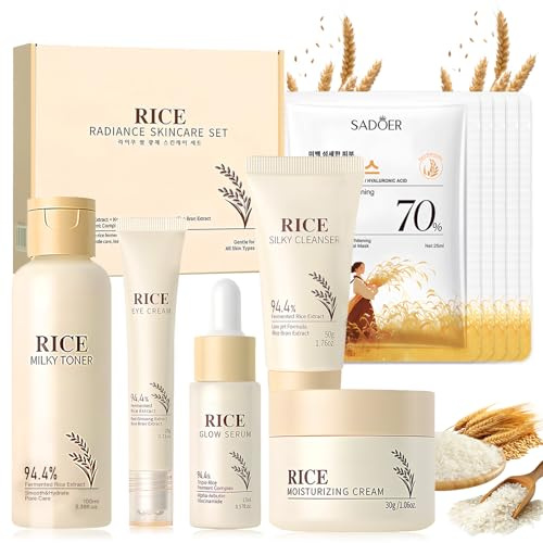 Riso Kit Cura Della Pelle Donna 10 Pezzi,Tonico,Essenza,Crema,Siero per Gli Occhi,Detergente,Maschera Facciale,Kit Skincare Viso Completo,Rassodante,Idratante,Adatto a Tutti i Tipi di Pelle