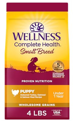 Wellness Complete Health Puppy Dry Dog Food, Small Breed, Wholesome Grains, Natural, Turkey, Oatmeal, & Salmon Recipe, (4-Pound Bag)