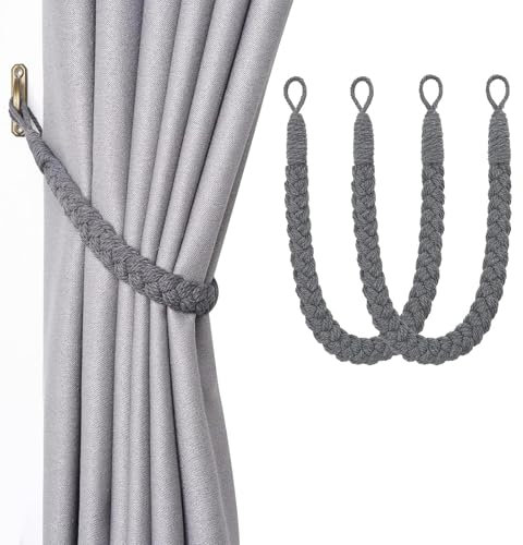 2 Pack Curtain Tie Backs, Grey Tie Backs for Curtains, Rope Curtain Tie Backs, Cotton Curtain Tiebacks, Hand Knitting, for Home Drapes And Curtain Decor Braided Curtain Tiebacks Holders (Grey)