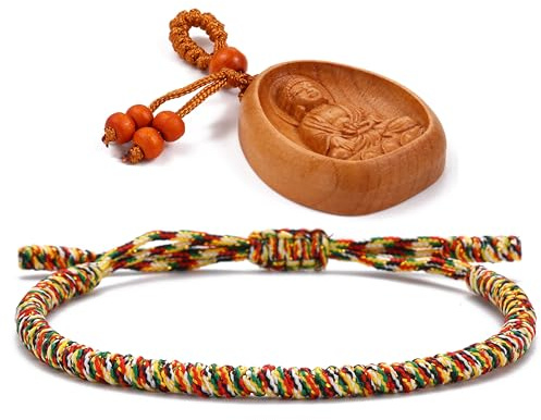 LUCKY BUDDHIST Bracciale Tibetano Buddista Regolabile – Bracciale in Corda Intrecciata per Uomo e Donna – Include Portachiavi Buddha in Legno