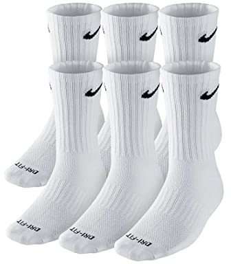 NIKE Dri-FIT Cushion Crew Training Socks (6 Pair) White With Traditional Black Swoosh Logo ADULT LARGE 8-12 UNISEX