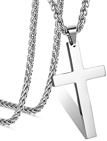 Adramata Stainless Steel Cross Pendant Chain Necklace for Men Women Long Large Cross Necklace Silver Tone, 61CM
