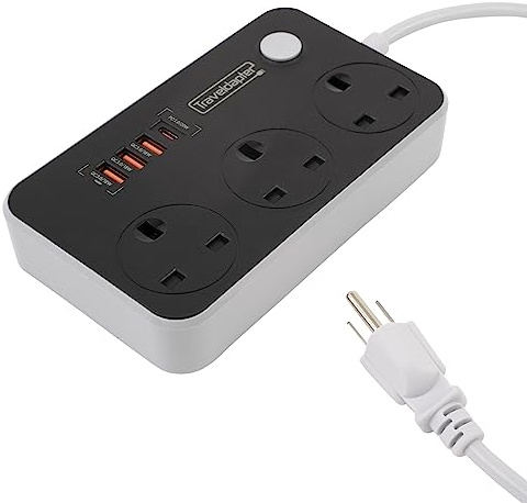 UK to USA America Travel Adapter Multi Sockets Earthed Grounded 3 Pin Plug 2 M Lead 1 USBC 3 USB 3 Sockets