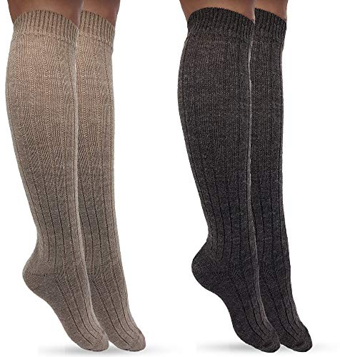 MOUNTREX Kniestrümpfe - Alpaka Socken, Wollsocken für Damen, Herren - Warme Kuschelsocken - 2 Paar, Beige/Braun (Kniestrümpfe), 39-42
