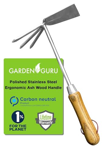 Garden Guru Eco Hand Cultivator Hoe Tiller Tool - 100% Recycled Stainless Steel - Rust Resistant - FSC Certified Wood Ergonomic Handle -Great for Gardening Cultivating Loosening Weeding