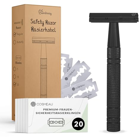 Bamboozy Rasoio di Sicurezza con 20 Lame, Alluminio Nero - Zero Rifiuti e Senza Plastica - Rasoio a Doppio Filo per Rasatura Bagnata