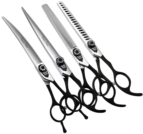 Fenice Peak 7.0'' Professional Dog Grooming Scissors Set with Black Non-Slip Handle 440C Stainless Steel Straight Thinning Curved Chunker Shears 4pcs Set for Pet Grooming Services