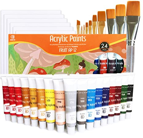 ESENG® Premium akrylfärger Fruit AP-12, set med 24 rör x 12 ml + 10 penslar 6 dukar, färg för trä, dukar och kilramar, perfekt för nybörjare, hobbyutövare, proffs och konstnärer