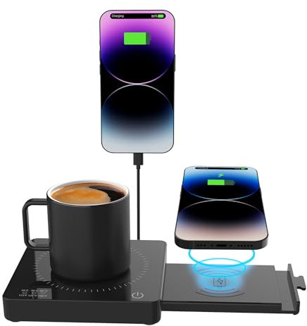 Kaffeetassenwärmer mit 15 W kabellosem Ladegerät, automatischer Abschaltung und Aufladen über USB-A, 3-in-1-Tassenwärmer, Kerzenwärmer, Telefonhalter, 3 Temperatureinstellungen