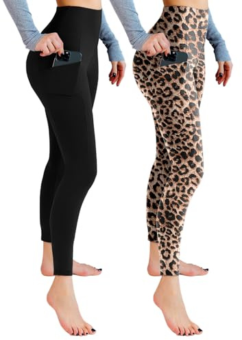 Leafigure Lot de 2 Leggings de Sport pour Femme - Taille Haute - avec Poches - Opaques - pour Le Sport, Le Yoga, Lot de 2 - Noir/léopard, XXL