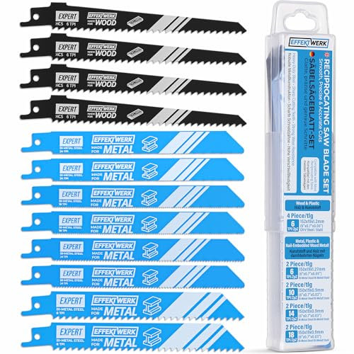 EffektWerk - Juego de hojas de sierra recíproca - 12 piezas - Hojas de sierra de sable de acero HCS de alta resistencia para madera, metal y plástico - 6/10/14/18 TPI (dientes por pulgada)