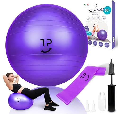 Tre Puri® Yoga, Palla Pilates – 55 CM Palla con Yoga Accessori Marchio ITALIANO – Utile per fare fitness a casa e addominali - OMAGGIO fascia elastica ed E-book (CONSIGLI PER TE)