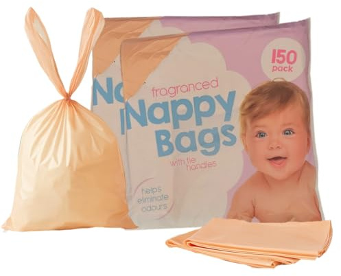 300 PACK Fragranced Nappy Bags 1 with Tie Handles (2 X 150 PACK) |Durable, Leak-Proof Diaper Sacks for Baby | Odour Eliminating, Lightweight, Travel-Friendly