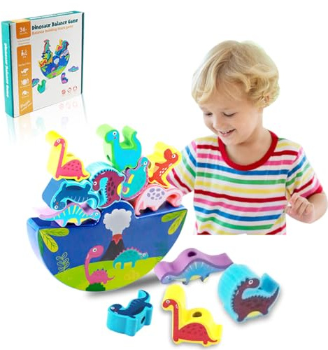 Vexran Dinosaurio de Madera Juguete de apilamiento, Juegos de Equilibrio Juguete de apilamiento de 2 3 4 5 años Regalos para niños niña niño