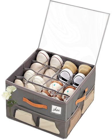 Shoe Storage Box for Closet - 16 Cell Space Saver Shoes Containers Bin With Clear Lids Stackable Ultra-Stiff Shoe Organiser With Clear Zip Cover, Tag Insert Solution & Space Saver for Closet Wardrobe
