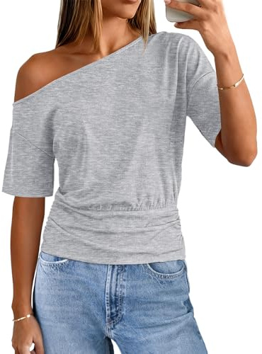 MEROKEETY Women's Off The Shoulder Short Sleeve Tops 2026 Summer Casual Going Out Trendy Y2k T Shirts, Grey, Medium