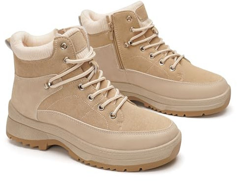 GLAMORA Botines de Invierno para Mujer, Botas de Nieve con Pelo, Suela de Goma Antideslizante, Cordones, Cremallera Lateral y Acabado Resistente al Agua