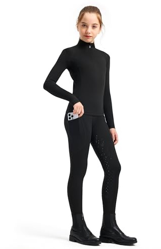FitsT4 Sports Girls Equestrian Outfits, 2 Piece Kids Horse Riding Set, Girls Equestrian Shirt & Knee-Patch Silicone Breeches with Pockets Black S