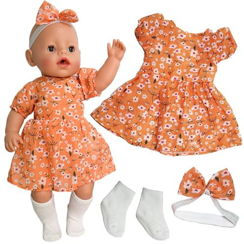 Doll Clothes for 14-17 inch Baby Dolls, 3 Pcs Colourful Baby Doll Clothes Floral Dress with Headband Socks 43 cm Baby Doll Outfits Doll accessories Children Birthday Gifts