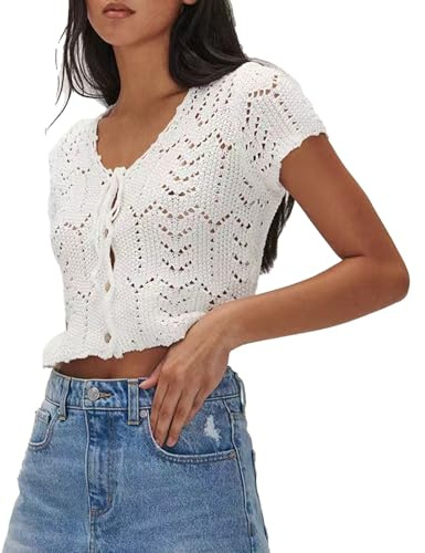 Camisetas de ganchillo para mujer, chaleco de punto ahuecado con lazo frontal, suéter de manga corta, chaleco de verano para la playa
