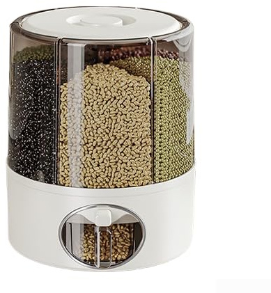 Distributore di cereali rotante a 360 gradi con 6 scomparti a griglia, contenitore per alimenti secchi per riso e cereali, organizer salvaspazio, materiale ABS, bianco, (grigio-medio)